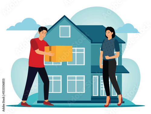 Delivery concept. Man Delivering Package to Woman in Front of a House.