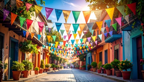 Festive street scene with colorful bunting flags strung between vibrant buildings. Sunlit cobblestone street, potted plants add charm.