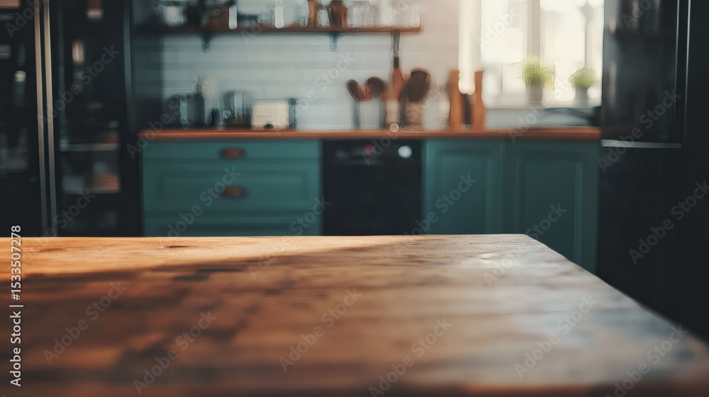 Fototapeta premium Modern farmhouse kitchen with mint green cabinets and wooden accents.