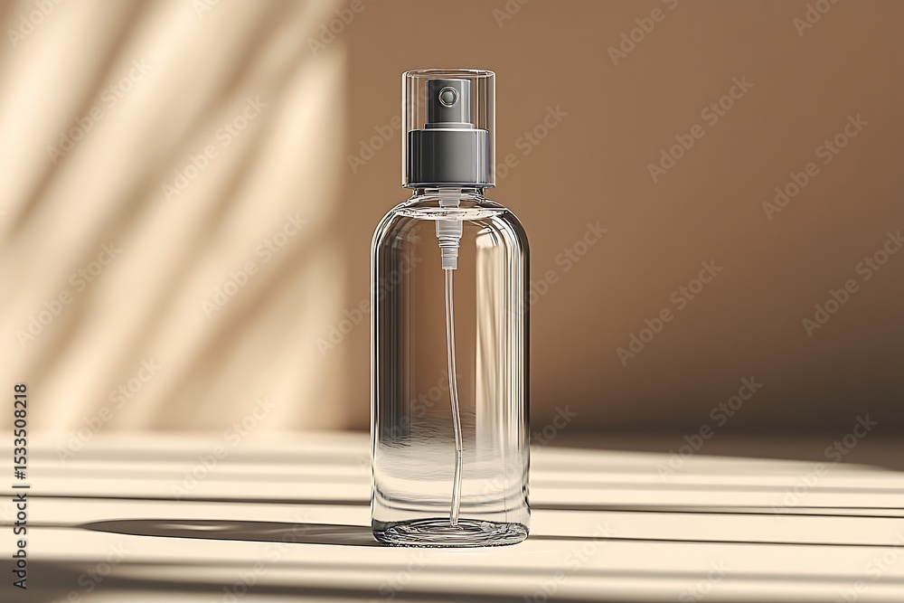 Naklejka premium clear spray bottle mockup with silver cap and warm background