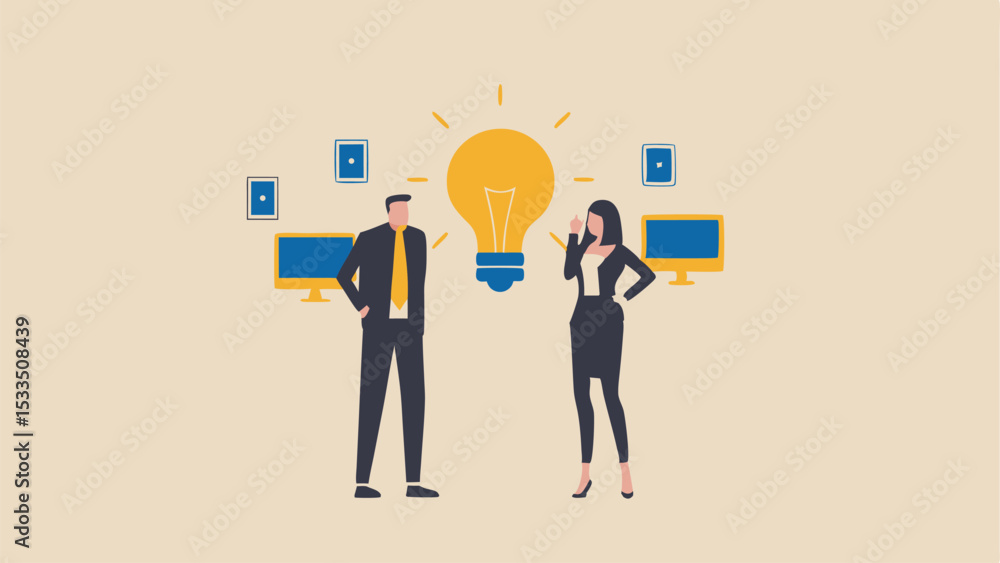Illustration of business partners with a light bulb between them in a modern office setting Illustration of business partners with a light bulb between them in a modern office setting