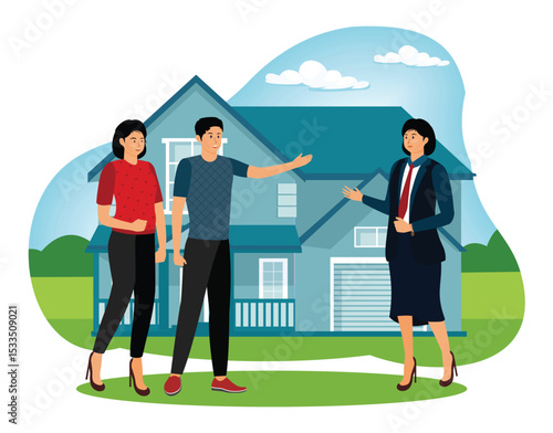 Open House concept. Real Estate Agent Showing a House to Prospective Buyers Outdoors.