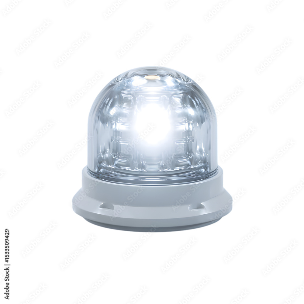 Fototapeta premium Bright illuminated led emergency beacon light with a clear dome housing isolated on white background
