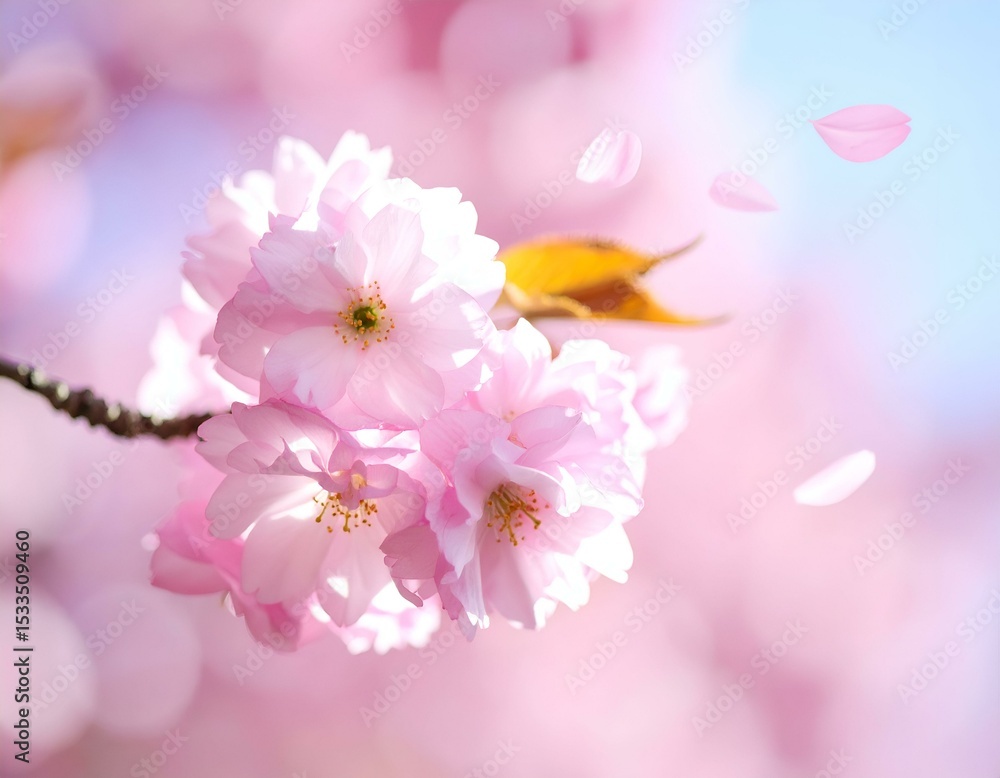 Fototapeta premium Delicate pink cherry blossoms with falling petals, soft focus, spring bloom, floral background. Image name Falling Cherry Blossoms.