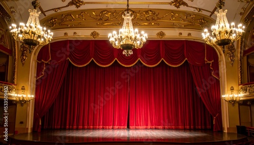 Grand theatre stage with red velvet curtains, ornate gold details, and crystal chandeliers. Perfect for performance, show, or theatrical concepts.