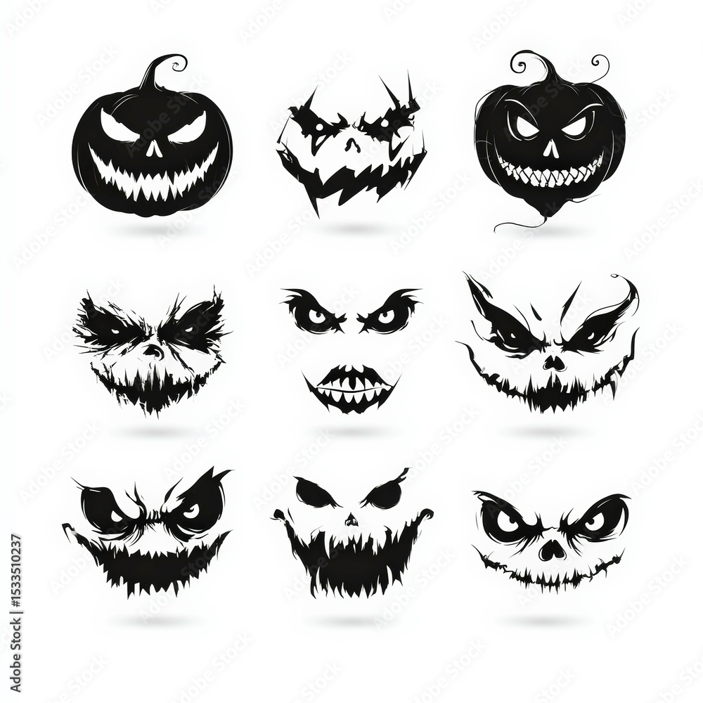 Collection of nine unique spooky pumpkin and monster face designs ideal for Halloween decorations or themed events Collection of nine unique spooky pumpkin and monster face designs ideal for Halloween decorations or themed events