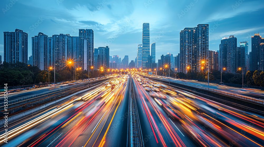 Obraz premium The motion blur of a busy urban highway during the evening rush hour. The city skyline serves as the background, illuminated by a sea of headlights and taillights