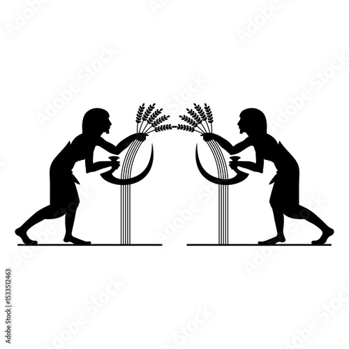 Symmetrical ethnic design with two ancient Egyptian men reaping cereal grass with a sickles. Agricultural harvest motif. Black silhouette on white background.