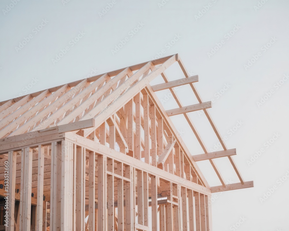 Obraz premium Contemporary residential home construction framework against a clear sky