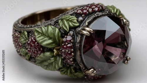 Exquisite Artisan Ring with Large Purple Gemstone and Grapevine Detailing Showcase
