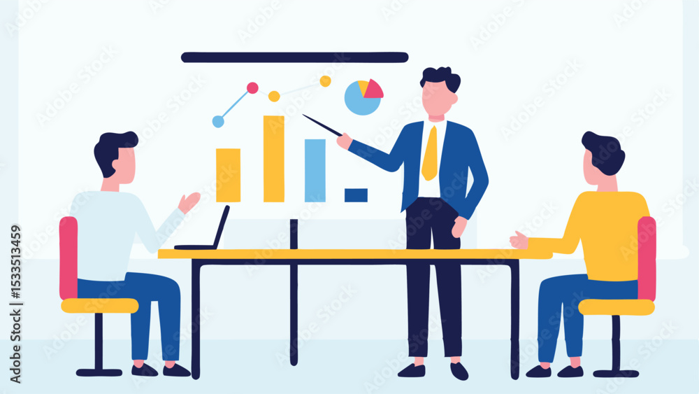 Obraz premium Man presenting data on charts to colleagues in a meeting room with laptop and chairs at the table