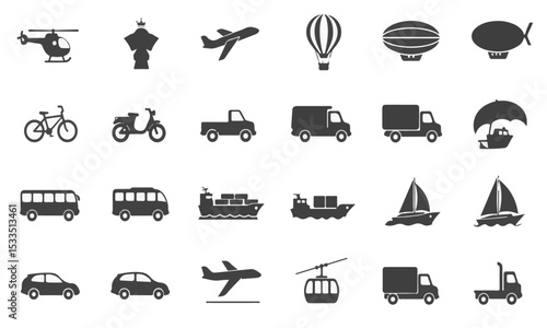 Diverse Transportation Vehicle Silhouette Icon Set