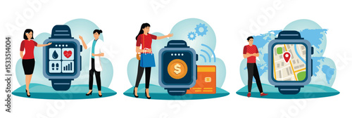 Smart watch health care concept. Smart watch payment. Smart watch navigation app.