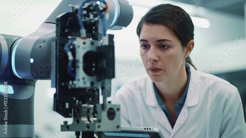 Female scientist working with robotic arm in modern laboratory setting exploring technological advancement