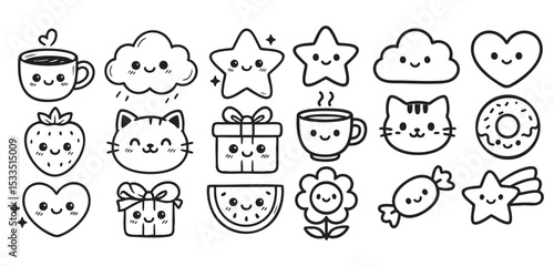 Cute Kawaii Doodle Set with Cat, Coffee Cup, Star, Heart, and Cloud Icons Vector Illustration