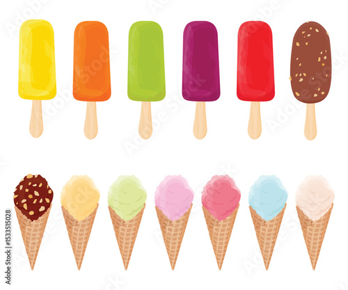 Collection of tasty variuos ice cream cones, popsicles and fruit ice with different fillings