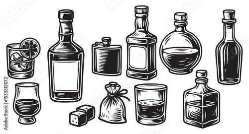 Alcohol and Liquor Bottle Set with Whiskey Glass, Flask, and Decanter Vector Illustration