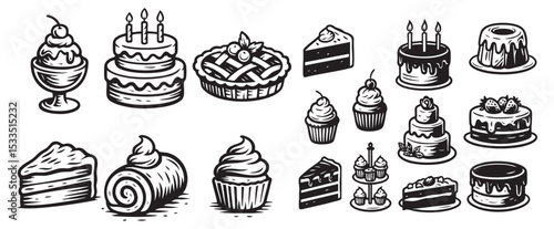 Cake and Pastry Set with Swiss Roll, Muffin, Birthday Cake, and Pie Vector Illustration