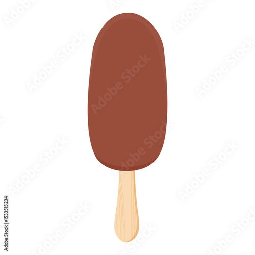 Vanilla ice cream with crunchy chocolate topping on wooden stick isolated on white background. Chocolate popsicle eskimo
