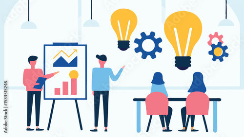 Presentation of ideas and growth charts by two people to an audience in a brightly lit modern office