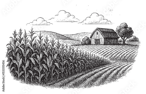Cornfield Farm Landscape with Barn and Rolling Hills in Vintage Engraving Style.


