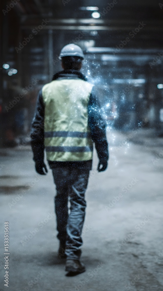 A worker navigates a dimly lit factory tunnel A worker navigates a dimly lit factory tunnel