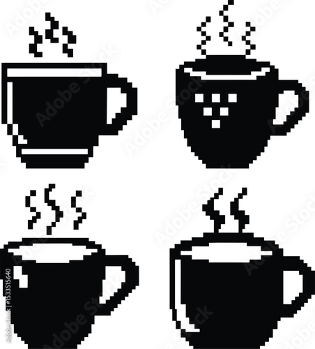 Pixel-style coffee cups - 4 steaming mug silhouettes, EPS JPEG PNG
