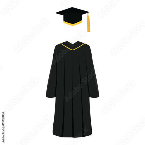 Graduation cap and gown with tassel isolated on white background. University, collage graduation outfit. Graduation ceremony