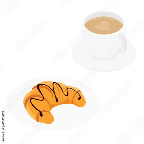 Coffee mug with latte art design and croissant