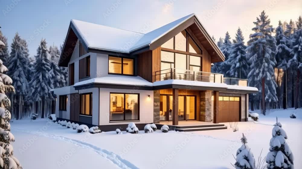Contemporary home in winter landscape with snowy forest and pathway, elegant design with expansive windows and gable roof Contemporary home in winter landscape with snowy forest and pathway, elegant design with expansive windows and gable roof