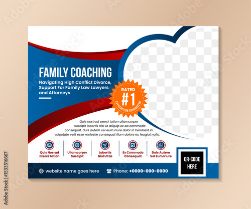 Family Relationship Coaching Program Template, family coaching Poster with heart shape for photo space and infographic icon. the illustration on horizontal layout isolated on white background.