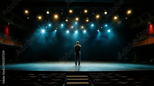 A lone performer stands center stage, illuminated by spotlights in a dark theater, facing an empty auditorium.