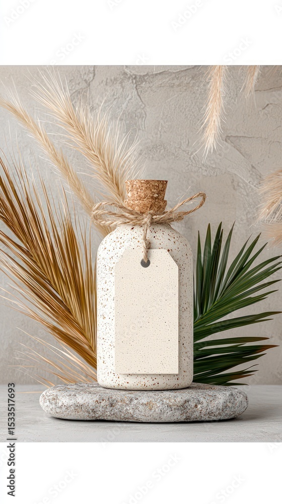Fototapeta premium White Speckled Bottle Mockup with Blank Tag and Dried Plants