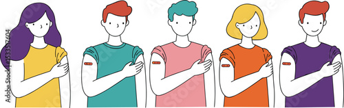People showing vaccine bandage on arm, vaccinated characters illustration, health awareness concept, colorful flat style vector design image