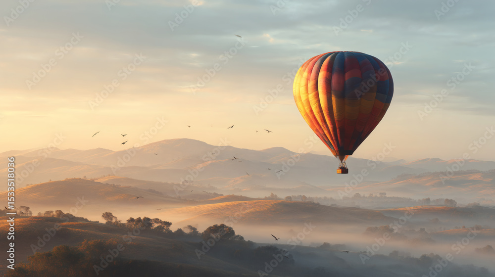 Fototapeta premium Colourful Hot Air Balloon Flying Over Misty Hills at Sunrise