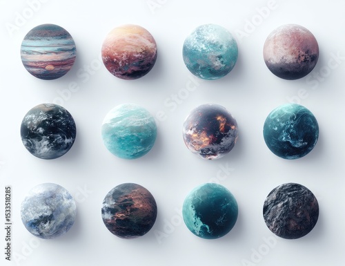 Fototapeta Naklejka Na Ścianę i Meble -  Twelve diverse, stylized planets arranged in a grid against a plain white backdrop; each sphere displays unique atmospheric textures and colors