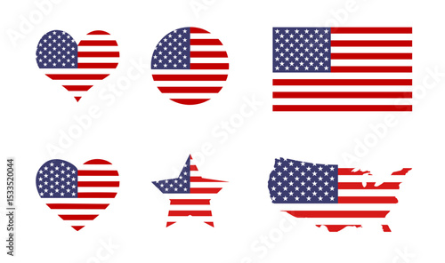 American flag icon set isolated on transparent background. In round, heart, star, us map, waving flag shape. vector illustration