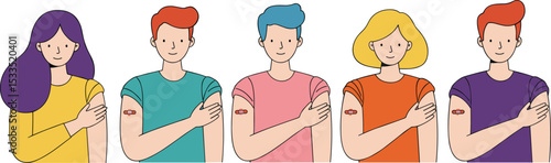 Happy diverse vaccinated people showing bandage on arms, promoting vaccine awareness, colorful flat cartoon vector illustration, public health concept