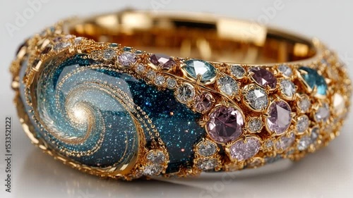 Exquisite Gold Bangle with Gemstones and a Cosmic Galaxy Swirl Design, Unique Style