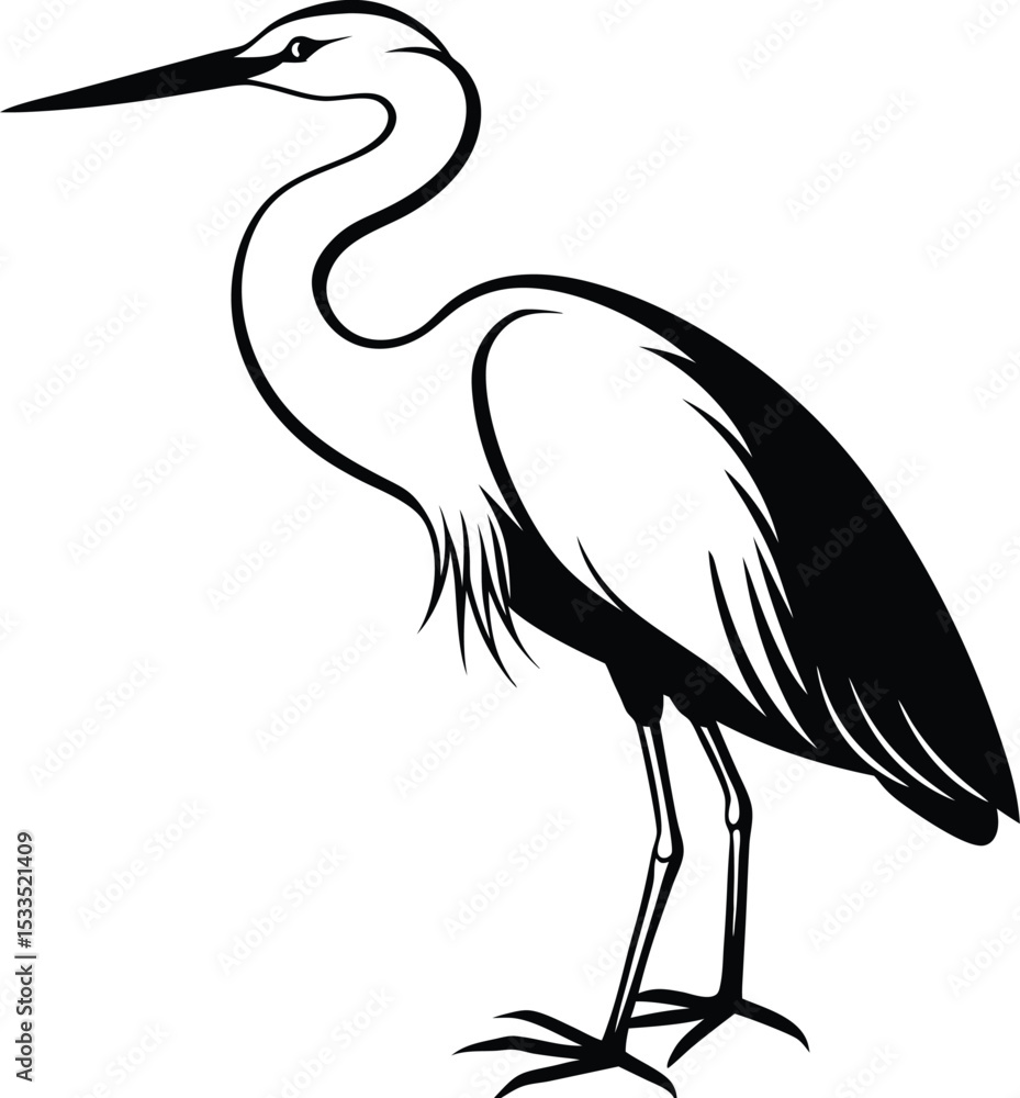 Fototapeta premium Egret Silhouette Line Art Vector Illustration On White Background
