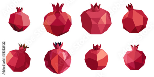 Multiple vector illustrations pomegranate, low poly style

