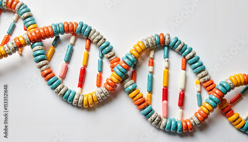 Isolated object. Colorful DNA strand made of pill capsules, symbolizing pharmacogenomics