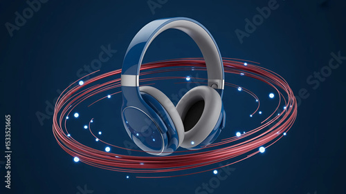 Stylish Blue Wireless Headphones Immersed in Dynamic Sound Waves Technology