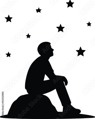 Silhouette man sitting on rock watching stars vector illustration