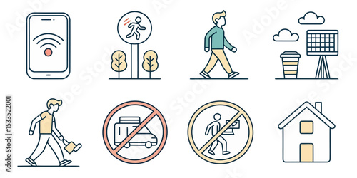 Digital Detox Line Icon Set — Unplug, No Phone, and Mental Wellness


