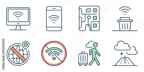 Digital Detox Line Icon Set — Unplug, No Phone, and Mental Wellness


