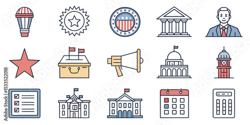 Election Line Icon Set — Voting, Presidential Campaigns, and Candidates

