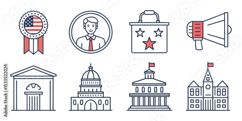 Election Line Icon Set — Voting, Presidential Campaigns, and Candidates

