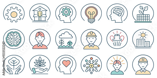 Mental Health Line Icon Set — Psychological Help and Emotional Wellness

