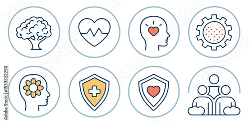 Mental Health Line Icon Set — Psychological Help and Emotional Wellness


